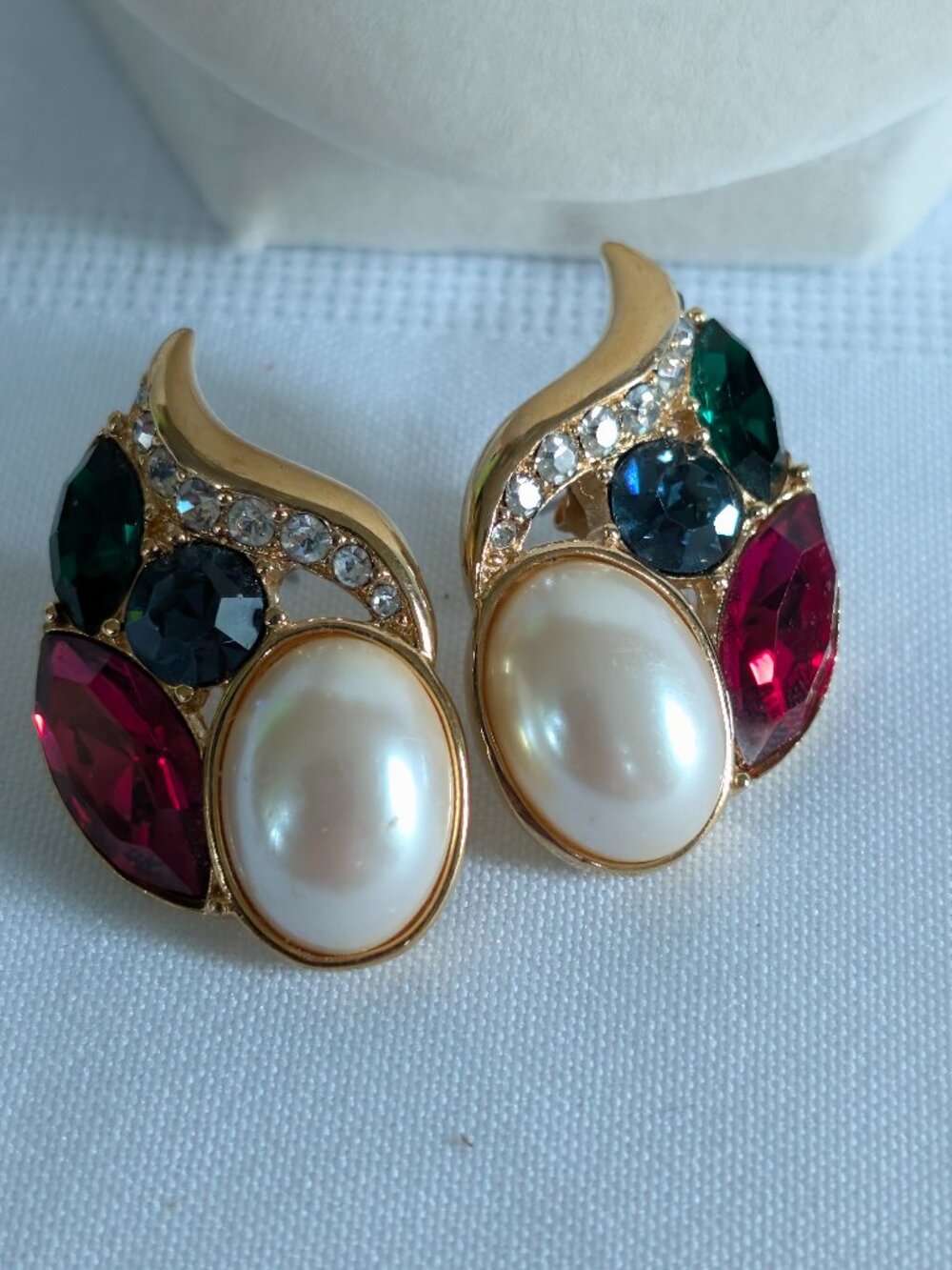 Vintage Signed Monet Moghul Rhinestone and Faux Pearl Pierced Earrings